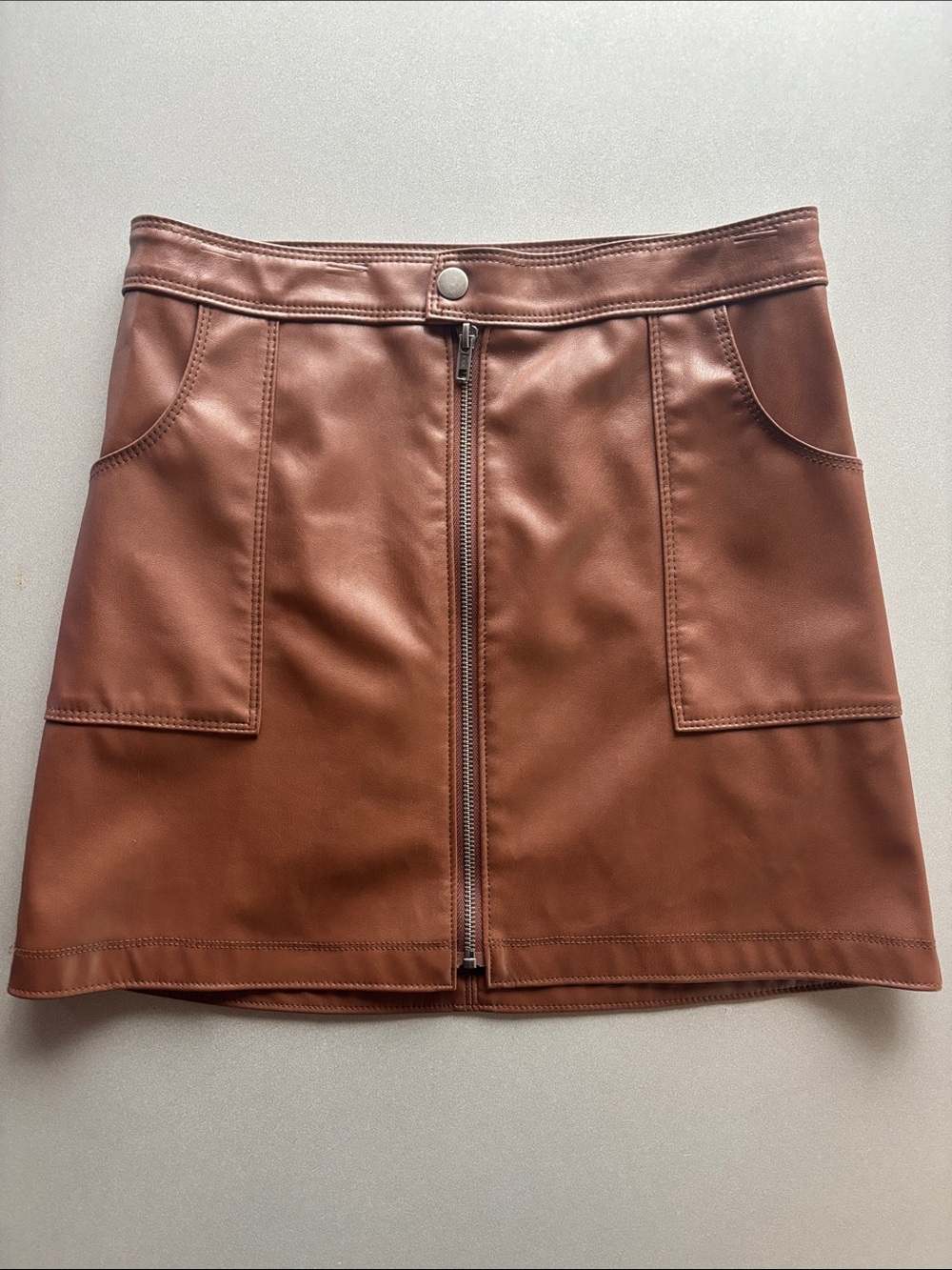 Women’s Faux Leather Brown Zip-Front Mini Skirt